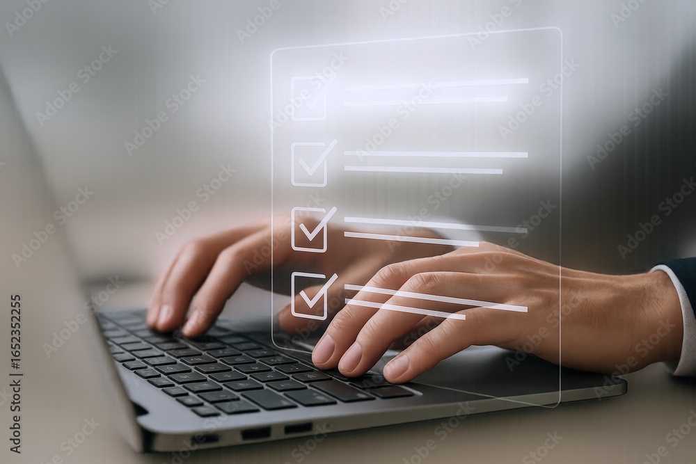Poster digital checklist on laptop: business tasks, project management and successful workflow completion