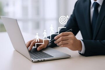 Career Progression Conceptual: Businessman Visualizing Success Path with Digital Interface on Laptop for Business Growth