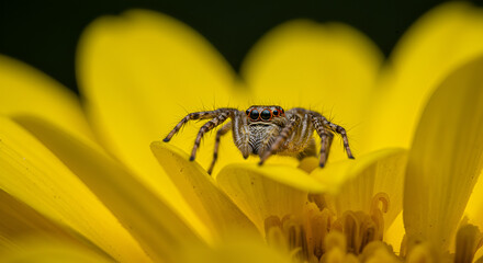 Jumping spider on a vibrant yellow flower, showcasing intricate details and nature's beauty