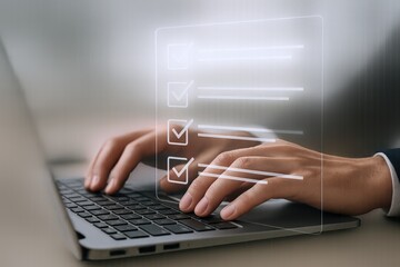 Digital checklist on laptop: Business tasks, project management and successful workflow completion