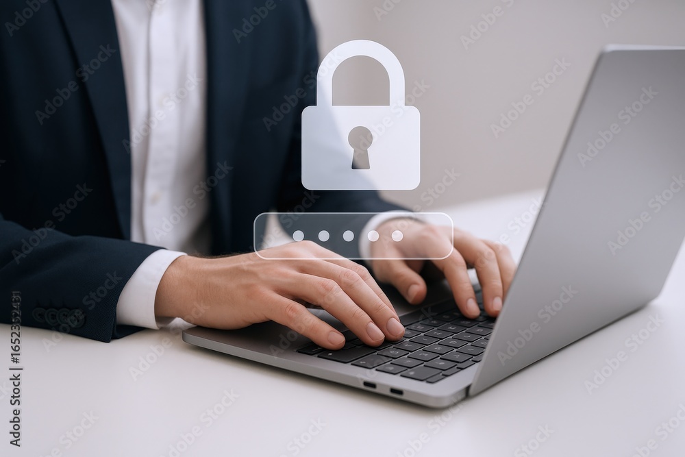 Aufkleber cybersecurity: professional enters password on laptop with secure access overlay for data protection