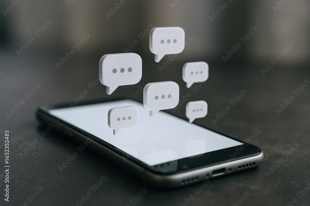 Poster smartphone with floating message bubbles representing communication, notifications, and social media