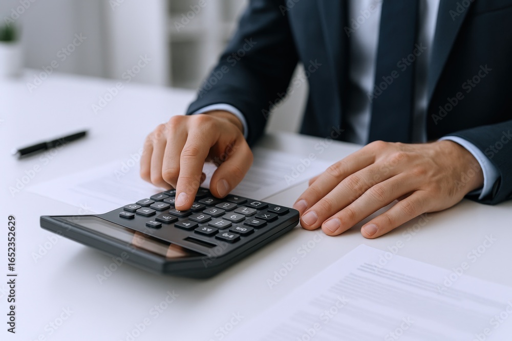 Poster accountant calculating finances with calculator and financial documents in an office setting
