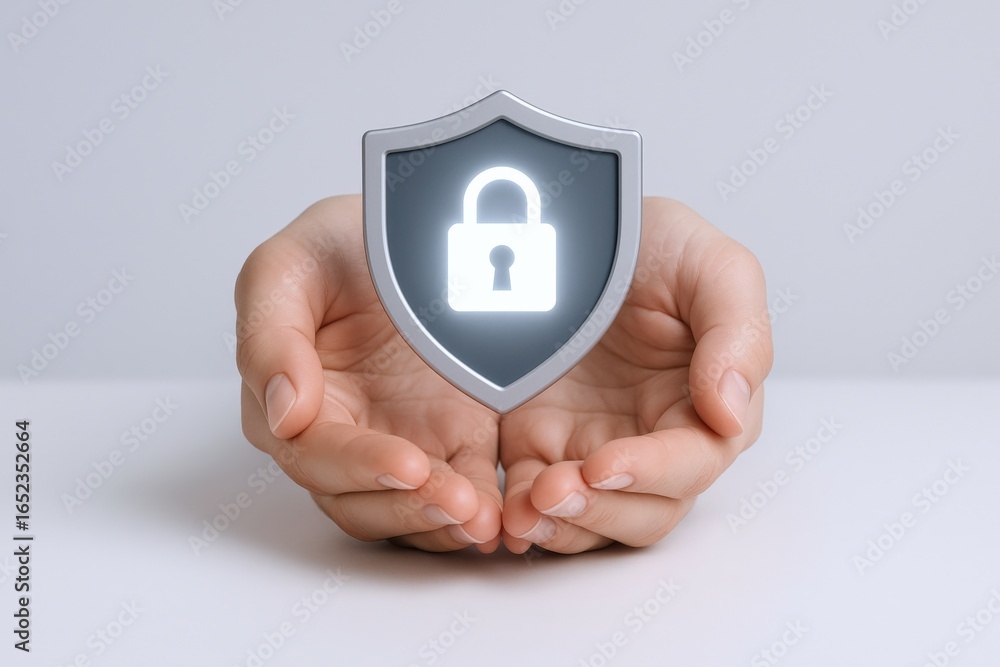 Poster hands holding security shield with padlock symbol - data protection and cybersecurity concept