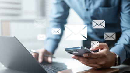 Email marketing concept. Mail newsletter send. Receive envelope email. Message contact reminder. Technology marketing.