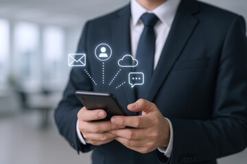 Businessman Using Smartphone for Cloud Communication, Email, and Messaging with a Network Connection