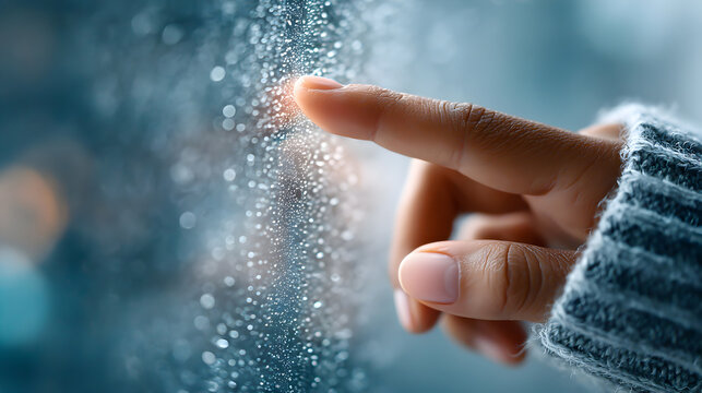 Close-up of a hand gently touching a foggy glass surface, with droplets of water creating a dreamy atmosphere and soft bokeh in the background. Selective focus - Powered by Adobe