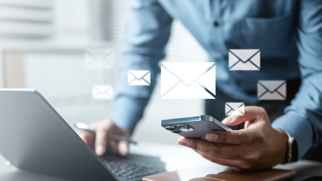 Email marketing concept. Mail newsletter send. Receive envelope email. Message contact reminder. Technology marketing. - Powered by Adobe
