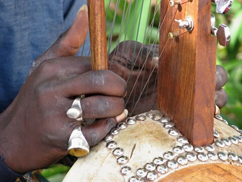 Musician playing traditional african string instrument kora