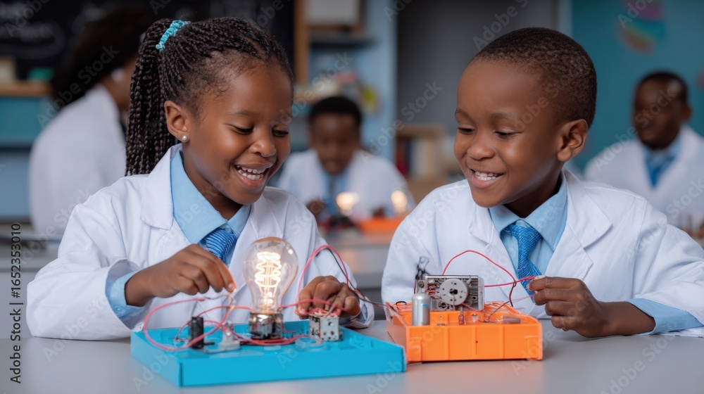 Poster enthusiastic elementary students conduct science experiments, exploring electricity, circuits, and e