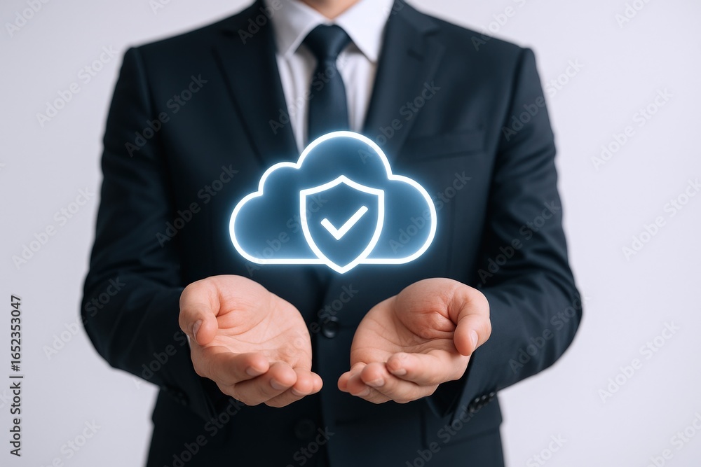Poster secure cloud computing concept: business professional holding a digital cloud with shield and check 