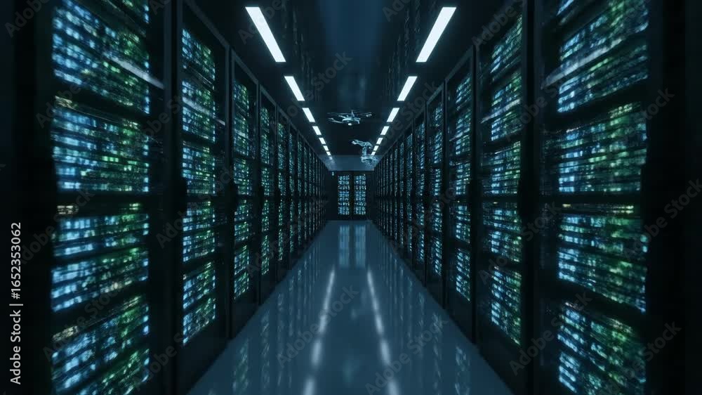 Poster futuristic data center server room - a camera flies through a massive, futuristic data center showca