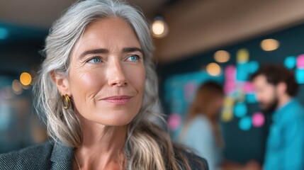 Obraz premium Confident Mature Businesswoman with Gray Hair in Modern Office, Team Collaboration in Background