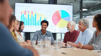 Diverse Business Team Analyzing Data and Charts in a Modern Conference Room Setting