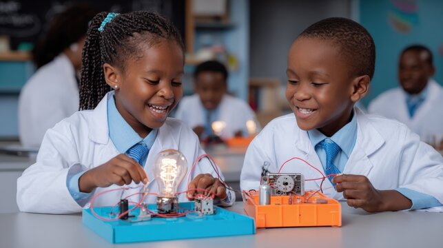 Enthusiastic Elementary Students Conduct Science Experiments, Exploring Electricity, Circuits, and Engineering Concepts in a Classroom Setting - Powered by Adobe
