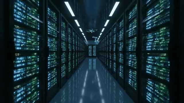 Futuristic Data Center Server Room - A camera flies through a massive, futuristic data center showcasing rows of illuminated servers displaying glowing blue and green data streams. - Powered by Adobe