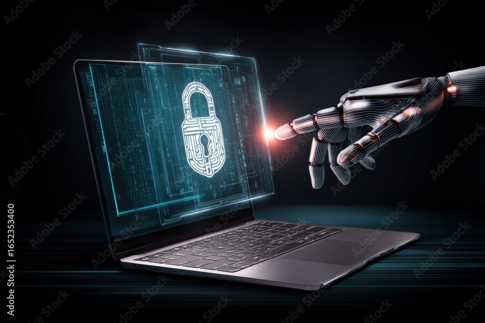 Poster cyber security technology: robot arm touching laptop screen with digital padlock display, high-tech 