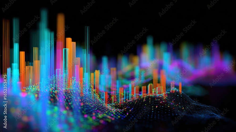 Poster abstract visualization of data flow with geometric shapes in bright colors on a dark background