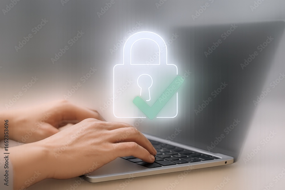 Poster secure online transactions: hands typing on tablet with padlock and checkmark for data protection