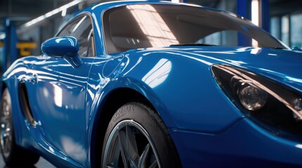 Sleek Blue Sports Car in Automotive Workshop: A High-Performance Vehicle Detail Shot