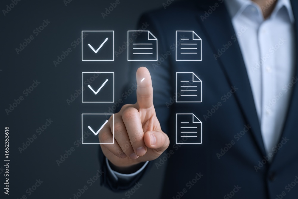 Poster businessman selecting task completion with checkmarks and documents on a digital interface for workf