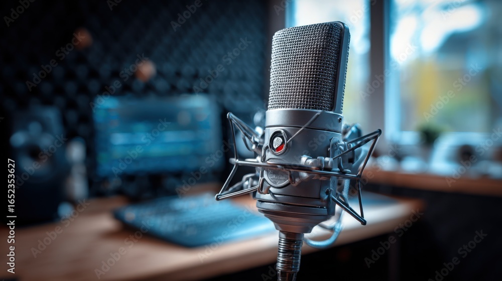 Poster studio microphone setup for professional recording and broadcasting in a home or office environment