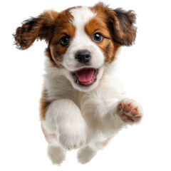 Fototapeta premium Happy puppy jumping in the air with excitement and a joyful expression in a bright setting