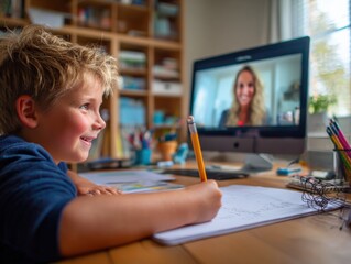 Boy Engaged in Virtual Learning with Teacher via Computer, Drawing at Desk, Home Environment