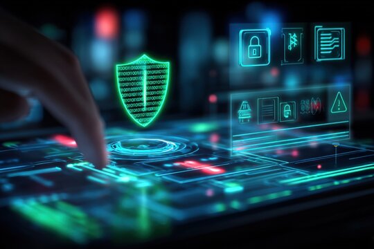Cybersecurity Interface with Digital Shield, Security Icons, and Finger Touch for Online Protection and Future Technology