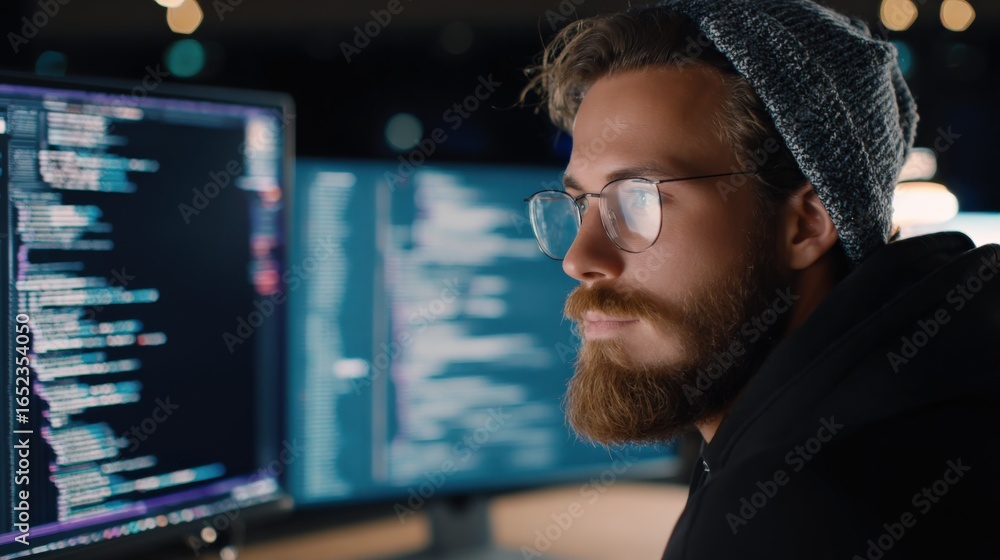 Poster focused programmer coding at night with multiple monitors, serious expression, modern workspace