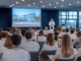 Fototapeta na wymiar Medical Conference: Doctors Attending Presentation on Screen in Auditorium, Educational Seminar, Healthcare Professionals