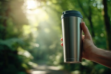 Reusable Stainless Steel Tumbler in Hand Amidst a Lush Green Forest for Sustainable Lifestyle
