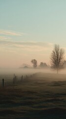 Morning fog envelops a quiet landscape at dawn