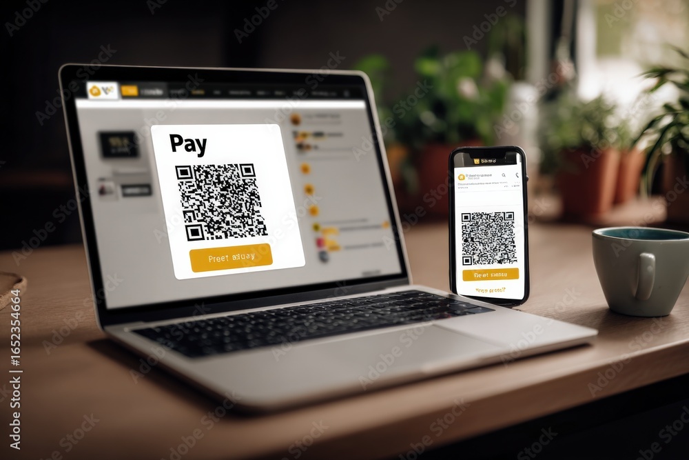 Poster online payment technology: laptop and smartphone displaying qr code for mobile transaction and digit