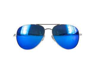 Stylish blue aviator sunglasses silver frame reflection, Isolated On White Background, Png Transparent