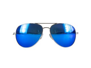 Stylish blue aviator sunglasses silver frame reflection, Isolated On White Background, Png Transparent