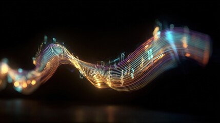 Abstract Musical Wave with Glowing Notes on Black Background - Modern Composition Art