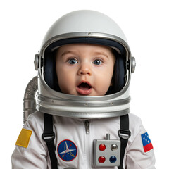 An amazed baby astronaut, looking surprised in a space helmet.