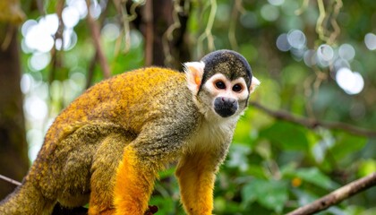 Obraz premium A wild Common Squirrel Monkey with vibrant yellow fur perched on a tree branch in a lush tropical rainforest.