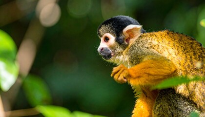 Obraz premium Close up of a vibrant Squirrel Monkey perched amidst lush green foliage, showcasing its delicate features and inquisitive gaze in a natural setting.