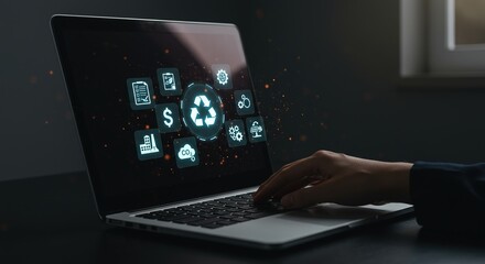Modern business person managing sustainability initiatives with digital interface on laptop screen.