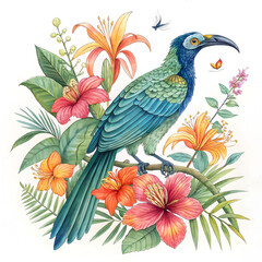 Obraz premium exotic bird and tropical flowers drawing