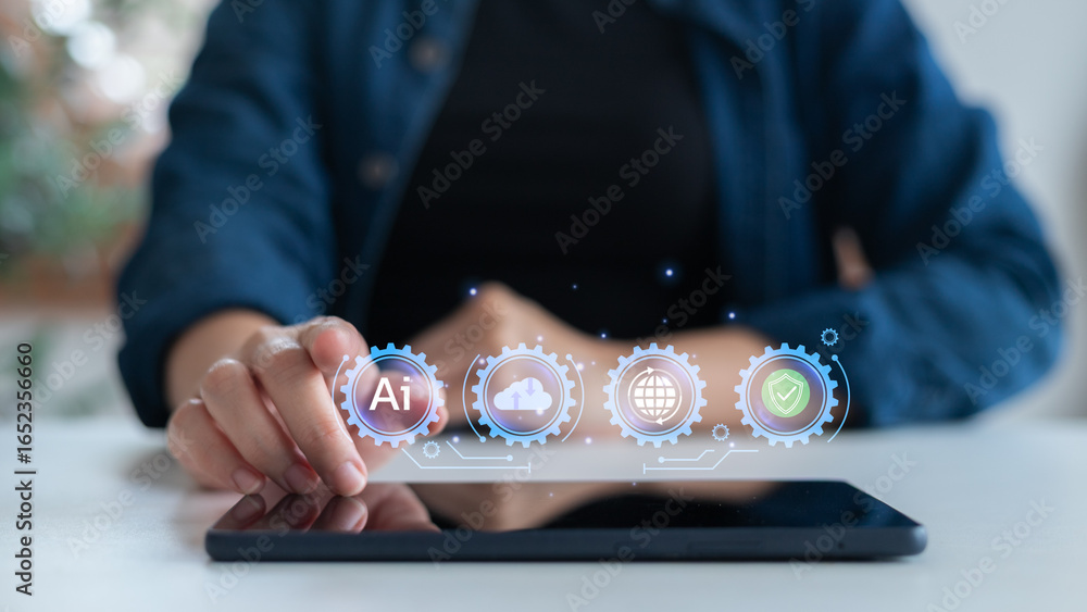 Poster person using tablet with hologram ai, cloud, internet, and security icons, representing artificial i