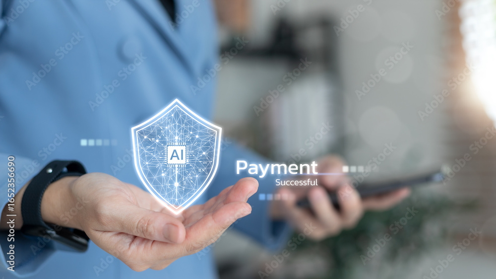 Poster person holding hologram ai shield with payment successful text, representing artificial intelligence