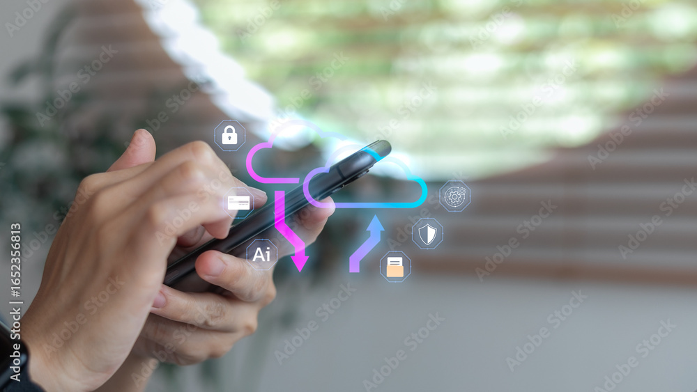 Poster person using smartphone with hologram cloud, ai, and security icons, representing cloud computing, d