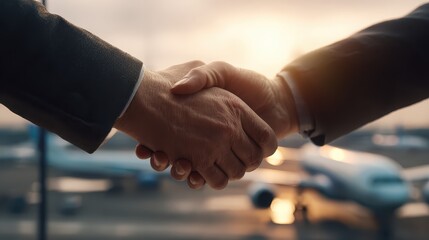 Business Partners Shaking Hands in Airport During Sunset Meeting