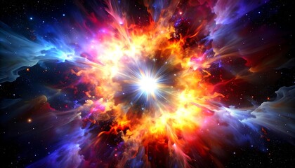 A vibrant, cosmic explosion with swirling nebulae and a bright central core