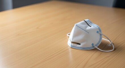 Close up Minimalist Protective Procedure Mask on Wooden Table Surface
