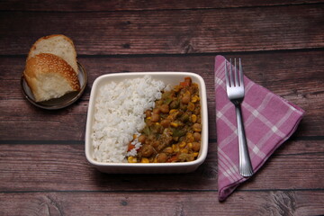 Chickpea and Vegetable Curry with Rice dinner serving.