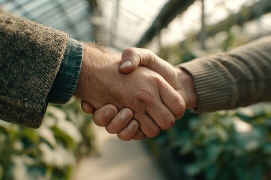 Two Hands Shaking in a Greenhouse Amidst Lush Plants and Natural Light